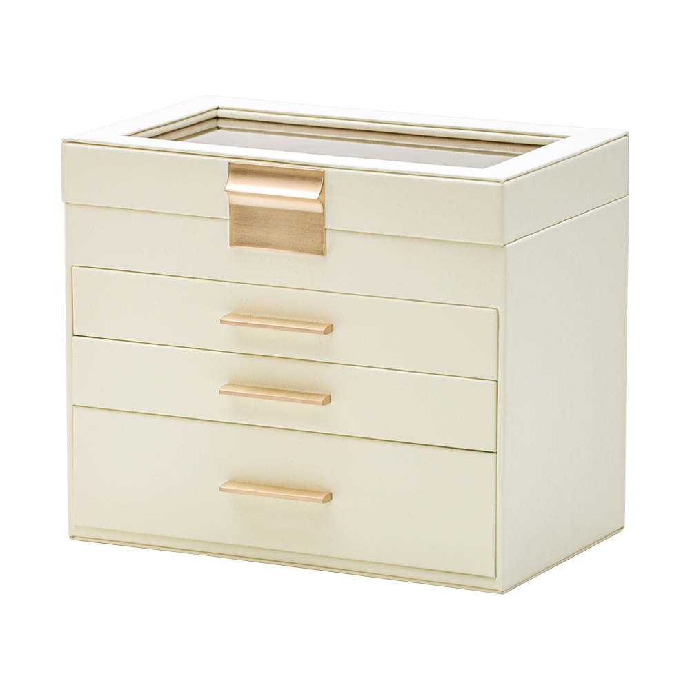 4 Layer Jewelry Box PU Leather Jewellery Organizer Multi-functional Storage Case with Clear Glass Lid and 3 V985-JEWELRYORGANIZER