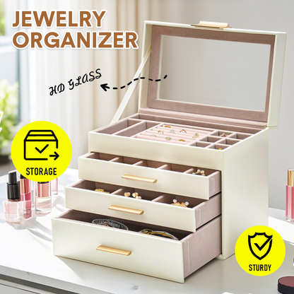 4 Layer Jewelry Box PU Leather Jewellery Organizer Multi-functional Storage Case with Clear Glass Lid and 3 V985-JEWELRYORGANIZER