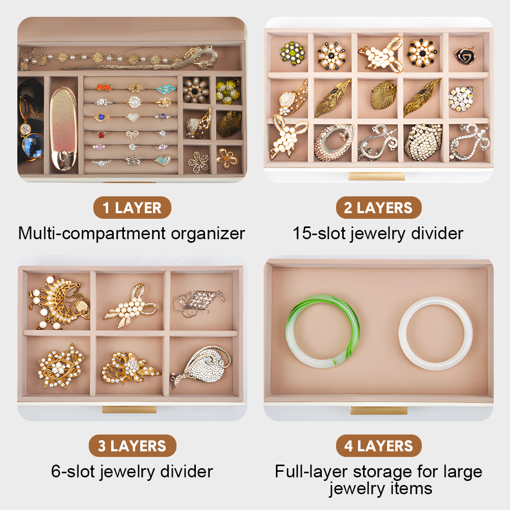4 Layer Jewelry Box PU Leather Jewellery Organizer Multi-functional Storage Case with Clear Glass Lid and 3 V985-JEWELRYORGANIZER