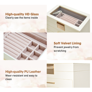 4 Layer Jewelry Box PU Leather Jewellery Organizer Multi-functional Storage Case with Clear Glass Lid and 3 V985-JEWELRYORGANIZER