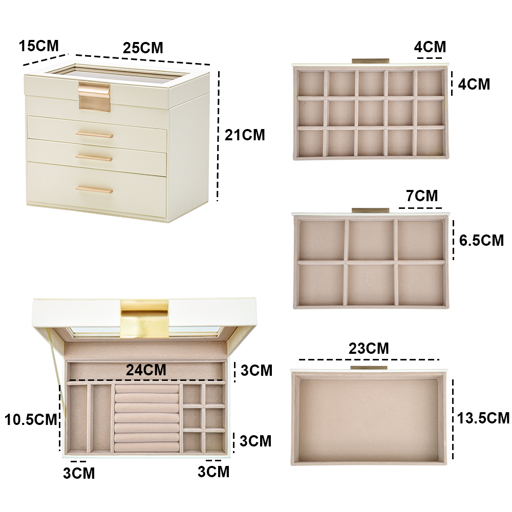 4 Layer Jewelry Box PU Leather Jewellery Organizer Multi-functional Storage Case with Clear Glass Lid and 3 V985-JEWELRYORGANIZER