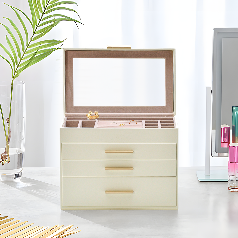 4 Layer Jewelry Box PU Leather Jewellery Organizer Multi-functional Storage Case with Clear Glass Lid and 3 V985-JEWELRYORGANIZER