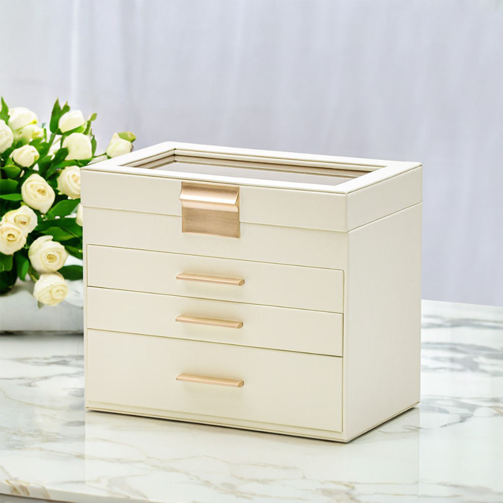 4 Layer Jewelry Box PU Leather Jewellery Organizer Multi-functional Storage Case with Clear Glass Lid and 3 V985-JEWELRYORGANIZER