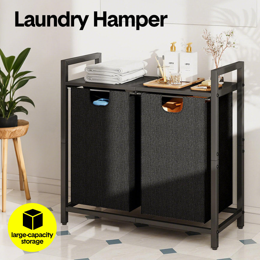 Laundry Hamper Basket Metal Laundry Organizer with MDF Shelf and 2 Waterproof Pull-Out Removable Dirty V985-LAUNDRYHAMPER