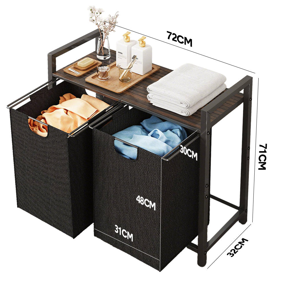 Laundry Hamper Basket Metal Laundry Organizer with MDF Shelf and 2 Waterproof Pull-Out Removable Dirty V985-LAUNDRYHAMPER