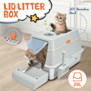 20L Large Anti-Leak Enclosed Cat Litter Box Stainless Steel Detachable Kitty Litter Tray with ABS Lid High V985-LIDLITTERBOX