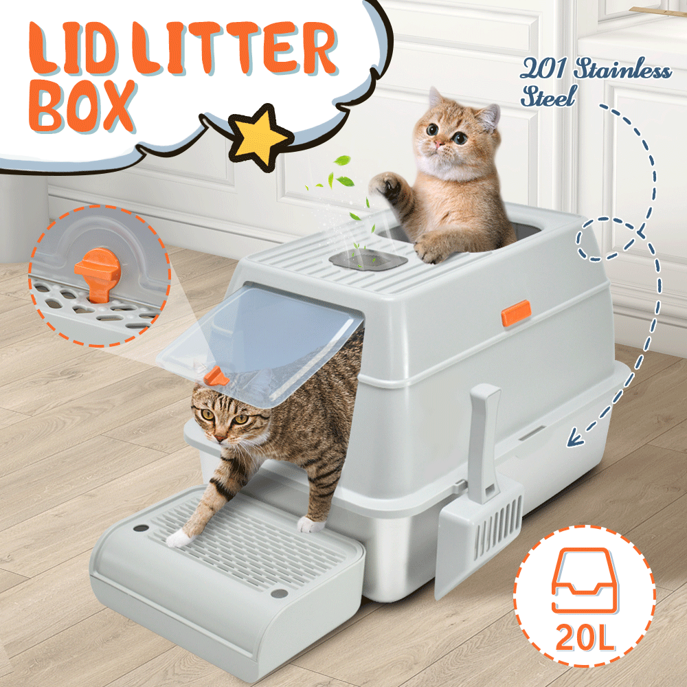 20L Large Anti-Leak Enclosed Cat Litter Box Stainless Steel Detachable Kitty Litter Tray with ABS Lid High V985-LIDLITTERBOX
