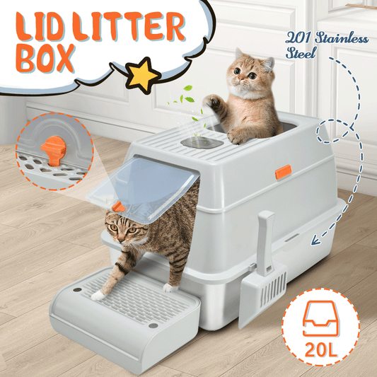 20L Large Anti-Leak Enclosed Cat Litter Box Stainless Steel Detachable Kitty Litter Tray with ABS Lid High V985-LIDLITTERBOX