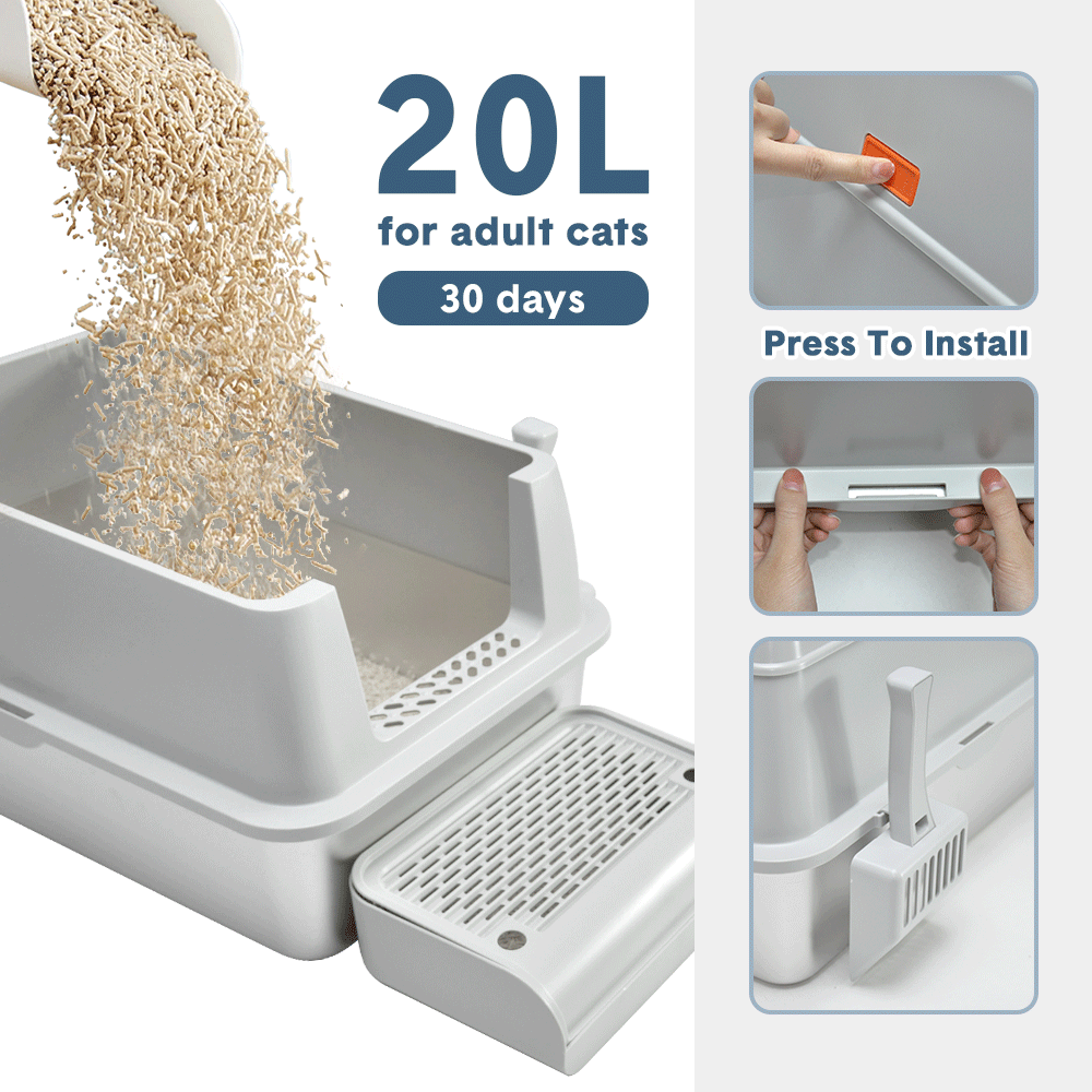 20L Large Anti-Leak Enclosed Cat Litter Box Stainless Steel Detachable Kitty Litter Tray with ABS Lid High V985-LIDLITTERBOX