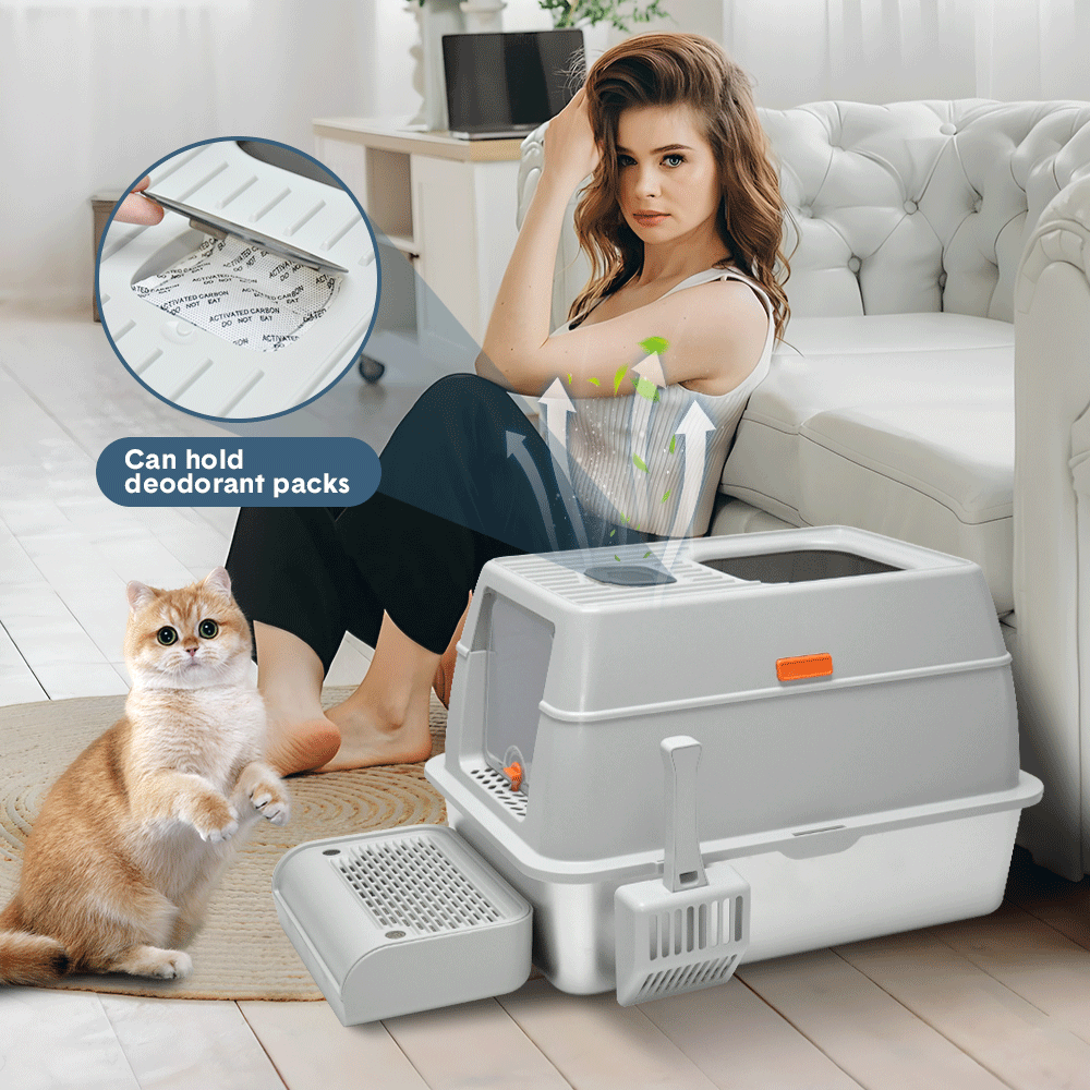 20L Large Anti-Leak Enclosed Cat Litter Box Stainless Steel Detachable Kitty Litter Tray with ABS Lid High V985-LIDLITTERBOX