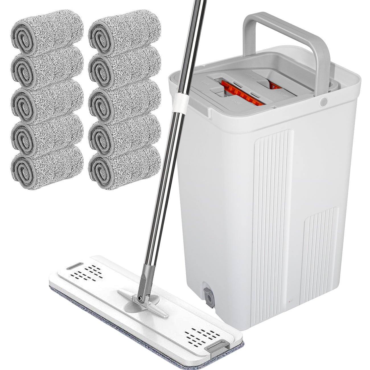 Flat D Set Mop and Bucket Wringer Set with Stainless-Steel Handle 10 Washable and Reusable Microfiber Pads V985-MOPANDBUCKETSET