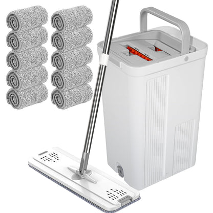 Flat D Set Mop and Bucket Wringer Set with Stainless-Steel Handle 10 Washable and Reusable Microfiber Pads V985-MOPANDBUCKETSET