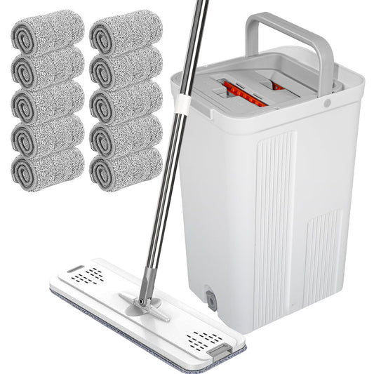 Flat D Set Mop and Bucket Wringer Set with Stainless-Steel Handle 10 Washable and Reusable Microfiber Pads V985-MOPANDBUCKETSET