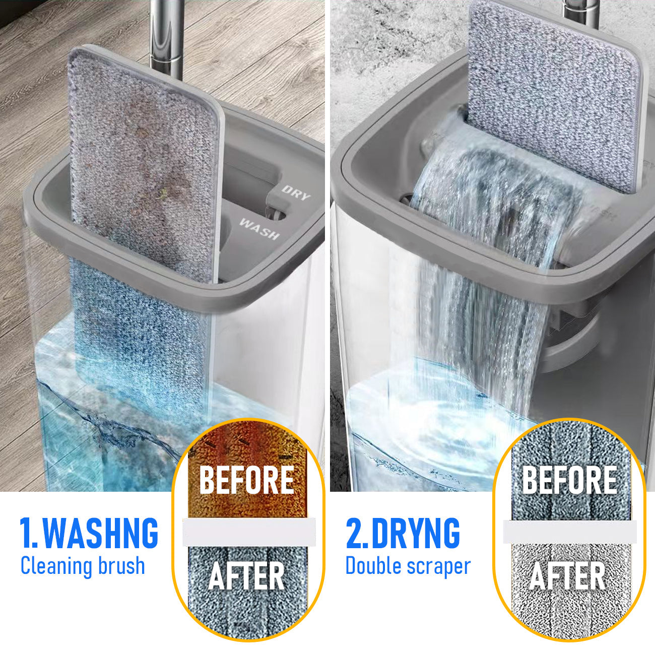 Flat D Set Mop and Bucket Wringer Set with Stainless-Steel Handle 10 Washable and Reusable Microfiber Pads V985-MOPANDBUCKETSET