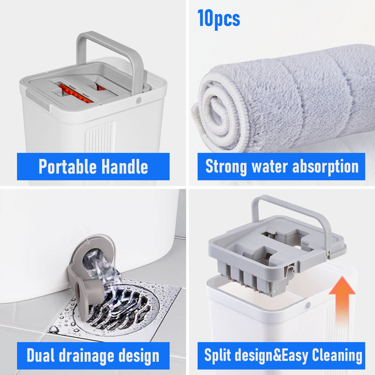 Flat D Set Mop and Bucket Wringer Set with Stainless-Steel Handle 10 Washable and Reusable Microfiber Pads V985-MOPANDBUCKETSET
