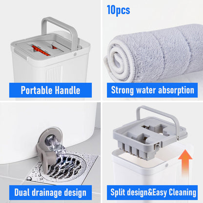 Flat D Set Mop and Bucket Wringer Set with Stainless-Steel Handle 10 Washable and Reusable Microfiber Pads V985-MOPANDBUCKETSET