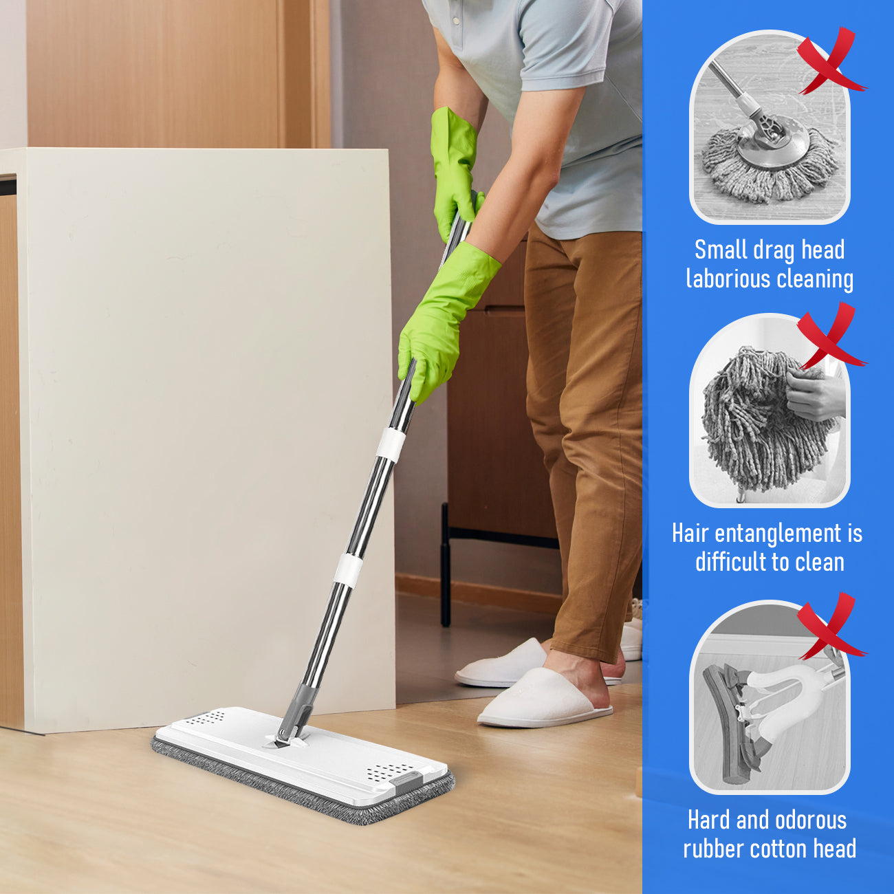 Flat D Set Mop and Bucket Wringer Set with Stainless-Steel Handle 10 Washable and Reusable Microfiber Pads V985-MOPANDBUCKETSET