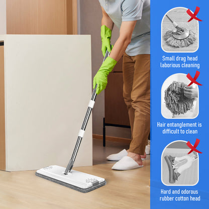 Flat D Set Mop and Bucket Wringer Set with Stainless-Steel Handle 10 Washable and Reusable Microfiber Pads V985-MOPANDBUCKETSET