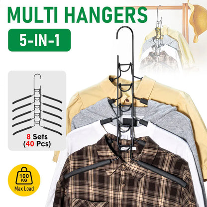 8 Sets Magic Clothes Hangers Detachable 5-in-1 Multilayer Carbon Steel Coat Hanger with Anti-Slip Foam V985-MULTIHANGERS
