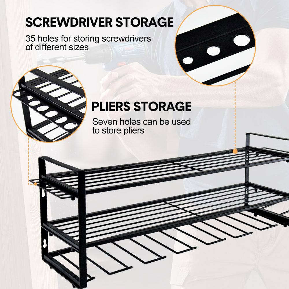 Power Tool Organizer Wall Mount 7 Drill Holder 3 Layer Heavy Duty Metal for Drill Plier Hammer Rack Suitable V985-POWERTOOLORGANIZER