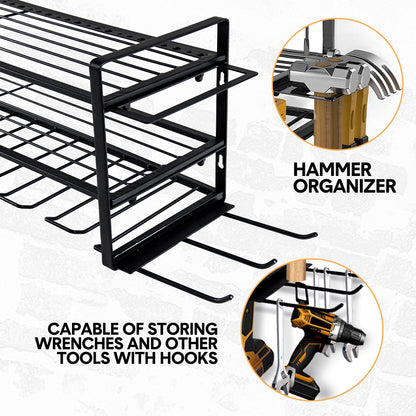 Power Tool Organizer Wall Mount 7 Drill Holder 3 Layer Heavy Duty Metal for Drill Plier Hammer Rack Suitable V985-POWERTOOLORGANIZER
