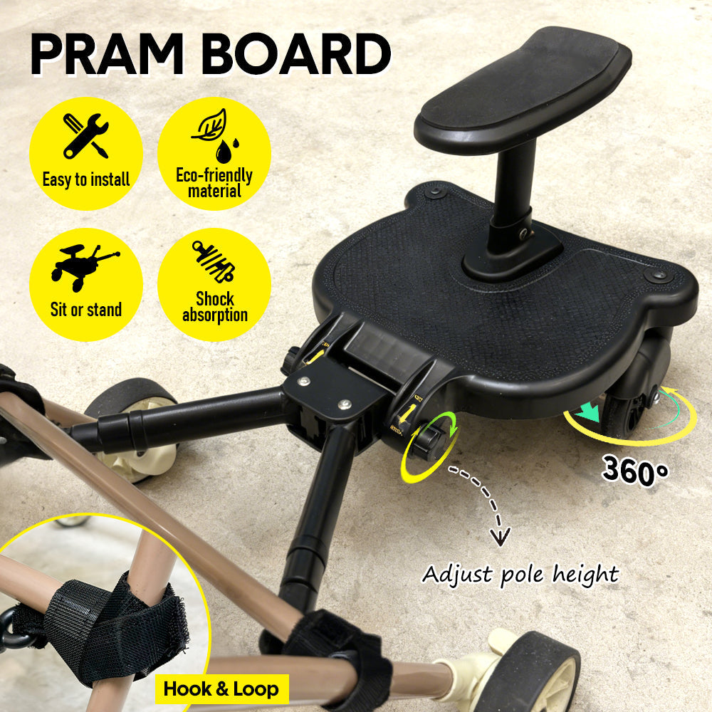 Universal Pram Board Seat and Stand Up Adjustable Buggy Board Pushchair with Bear Pattern Removable Seat Fits V985-PRAMBOARD