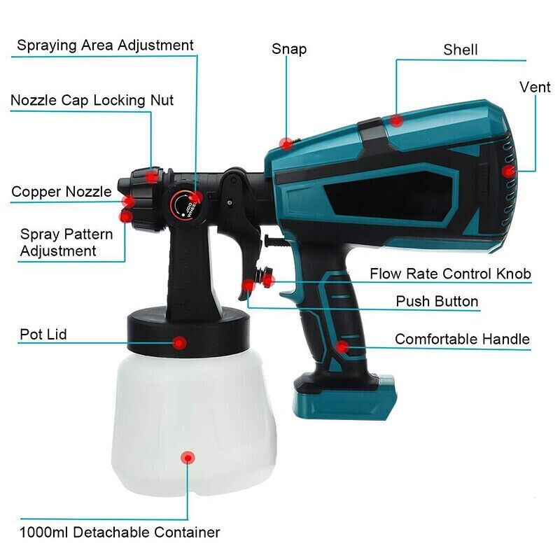 1400ml Cordless High Pressure Spray Gun Flow Adjustable Spray Gun Paint Sprayer Home Interior Exterior With 2 V985-PRESSURESPRAYGUN