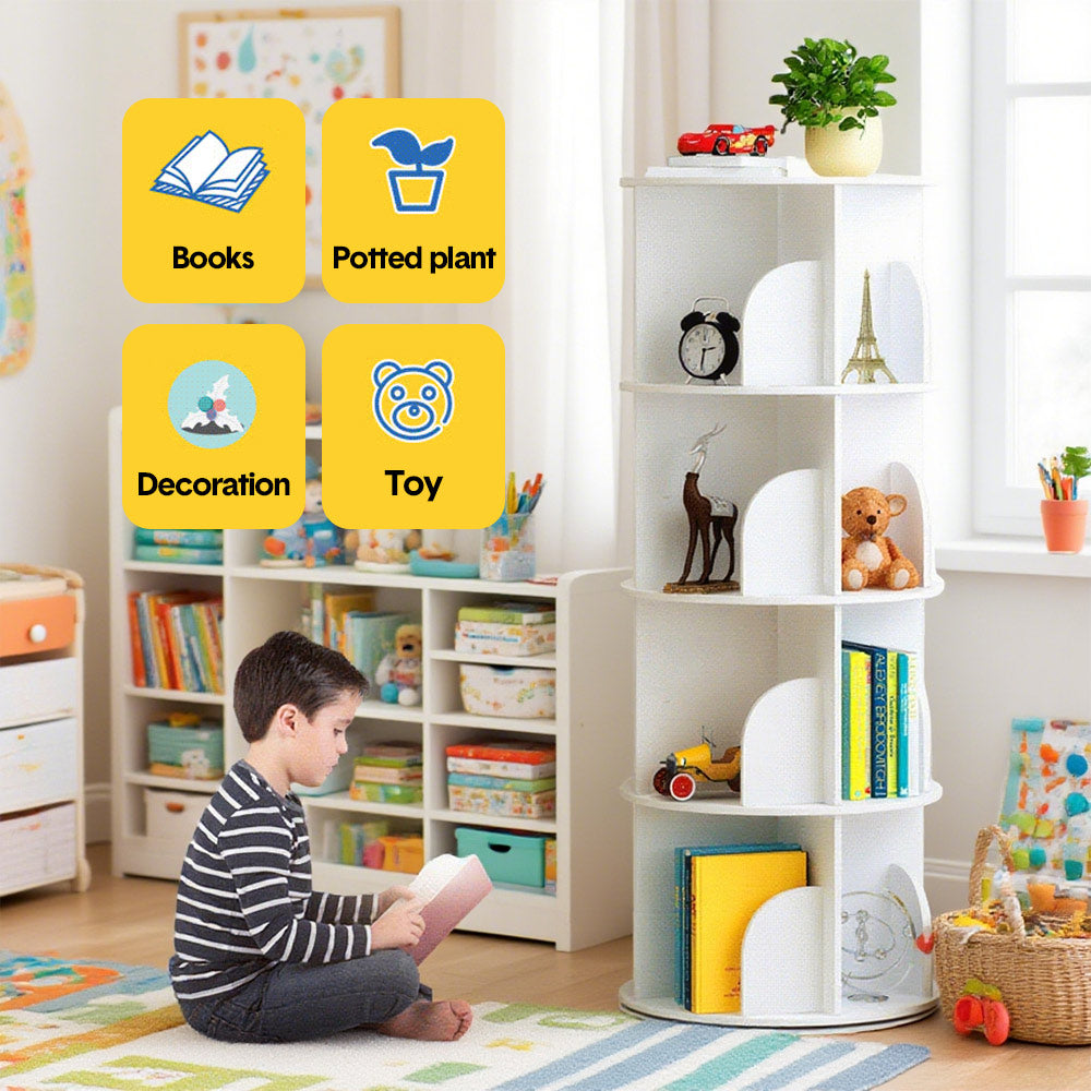 4 Tier Rotating Bookshelf PVC Freestanding Corner Rack Bookcase Multifunctional Spinning 360 Storage Shelf V985-ROTATINGBOOKSHELF