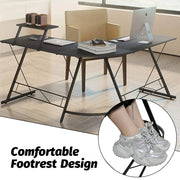 L Shaped Computer Desk Round Corner Gaming Desk PC Laptop Workstation Reversible Wood Table With Screen Stand and Foot Fest Bar Home Office Black
