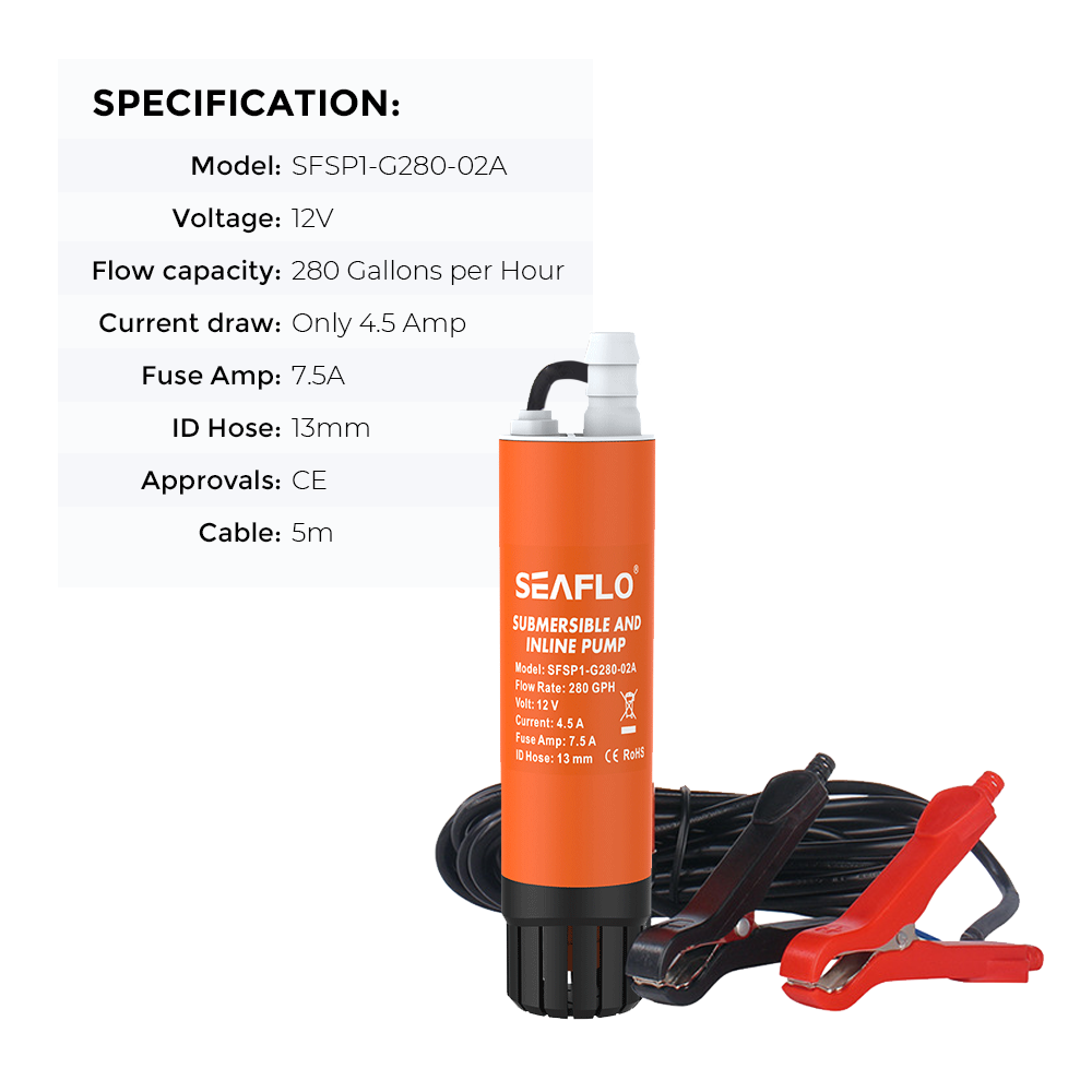 SEAFLO Submersible Inline Pump 12V 280GPH Transfer Pump Water Resistant High Pressure Washing Water Diesel V985-SEAFLOPUMP280GPH