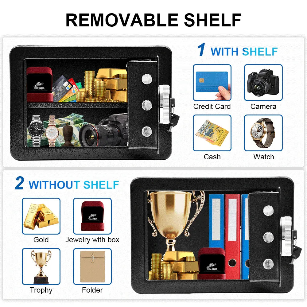 All Steel Safety Box Wall Mountable Fireproof Mini Safe Box Keypad and Key Dual Unlock Methods with Removable Shelf for Home Office Hotel Money Safe