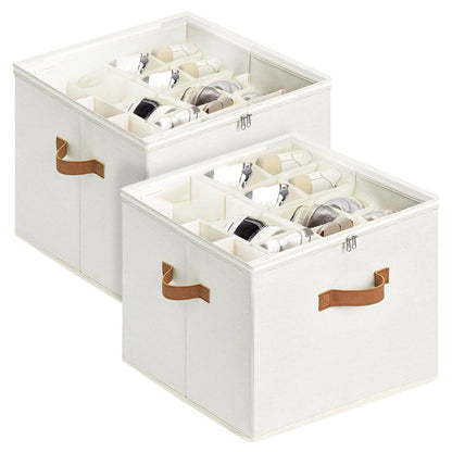 2 Pack Shoe Organizer Zipper Clear Lid Fabric Shoe Storage Box Space Saving Beige Shoe Holder for Closet and V985-SHOEORGANIZER