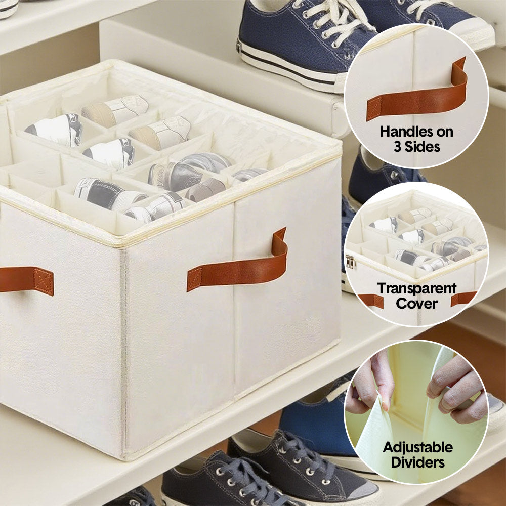 2 Pack Shoe Organizer Zipper Clear Lid Fabric Shoe Storage Box Space Saving Beige Shoe Holder for Closet and V985-SHOEORGANIZER
