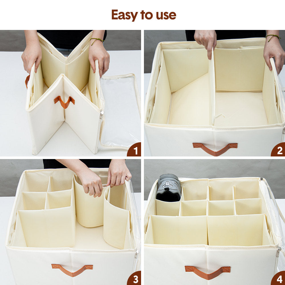 2 Pack Shoe Organizer Zipper Clear Lid Fabric Shoe Storage Box Space Saving Beige Shoe Holder for Closet and V985-SHOEORGANIZER