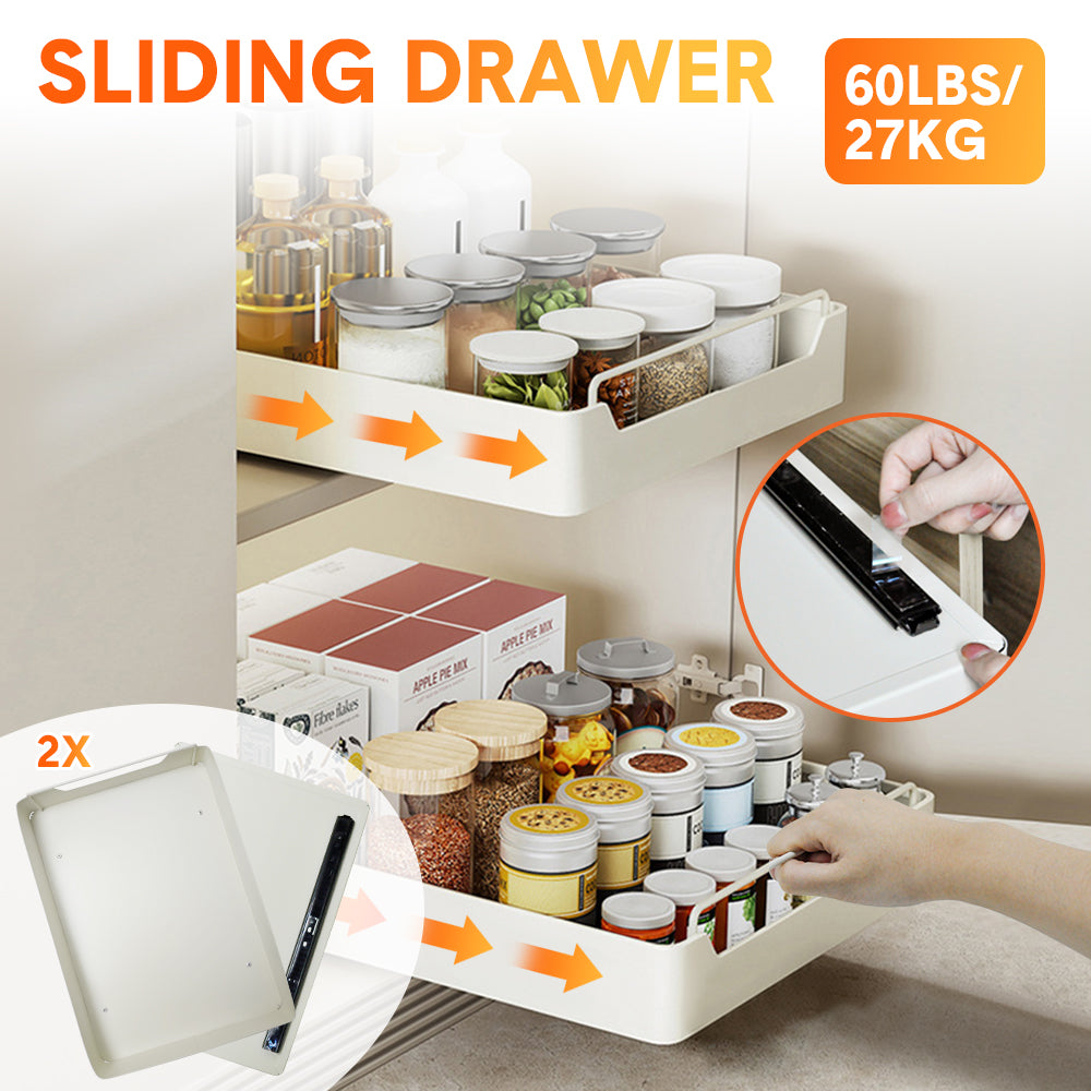 2 Pack Sliding Out Drawer Pull Out Storage Cabinet Under Sink Organiser with Adhesive Nano Film for Kitchen V985-SLIDINGDRAWER