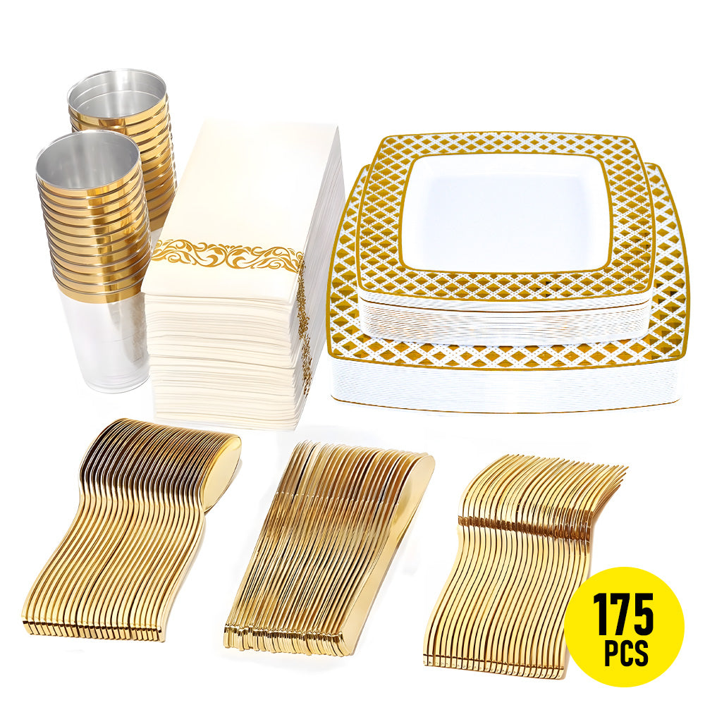 175pcs Food-Grade Wedding Event Banquet Disposable Tableware Dinnerware Gold-Edged Plastic Cutlery Pack of 25 V985-SQUARECUTLERYSET
