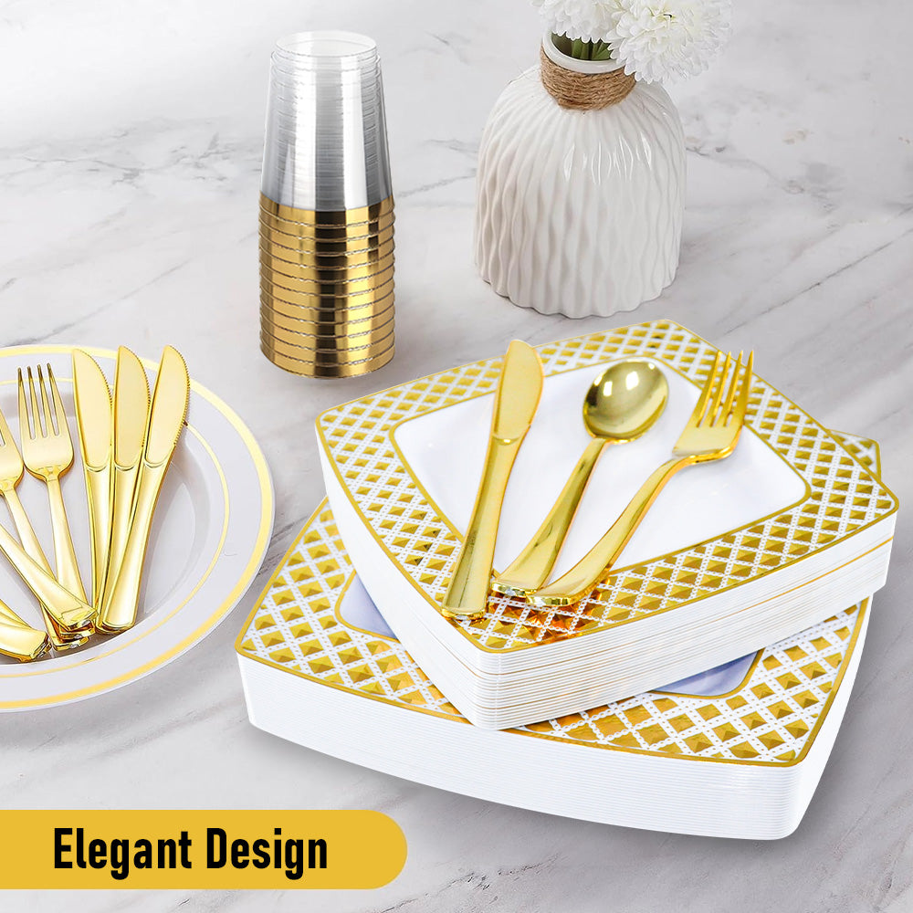 175pcs Food-Grade Wedding Event Banquet Disposable Tableware Dinnerware Gold-Edged Plastic Cutlery Pack of 25 V985-SQUARECUTLERYSET