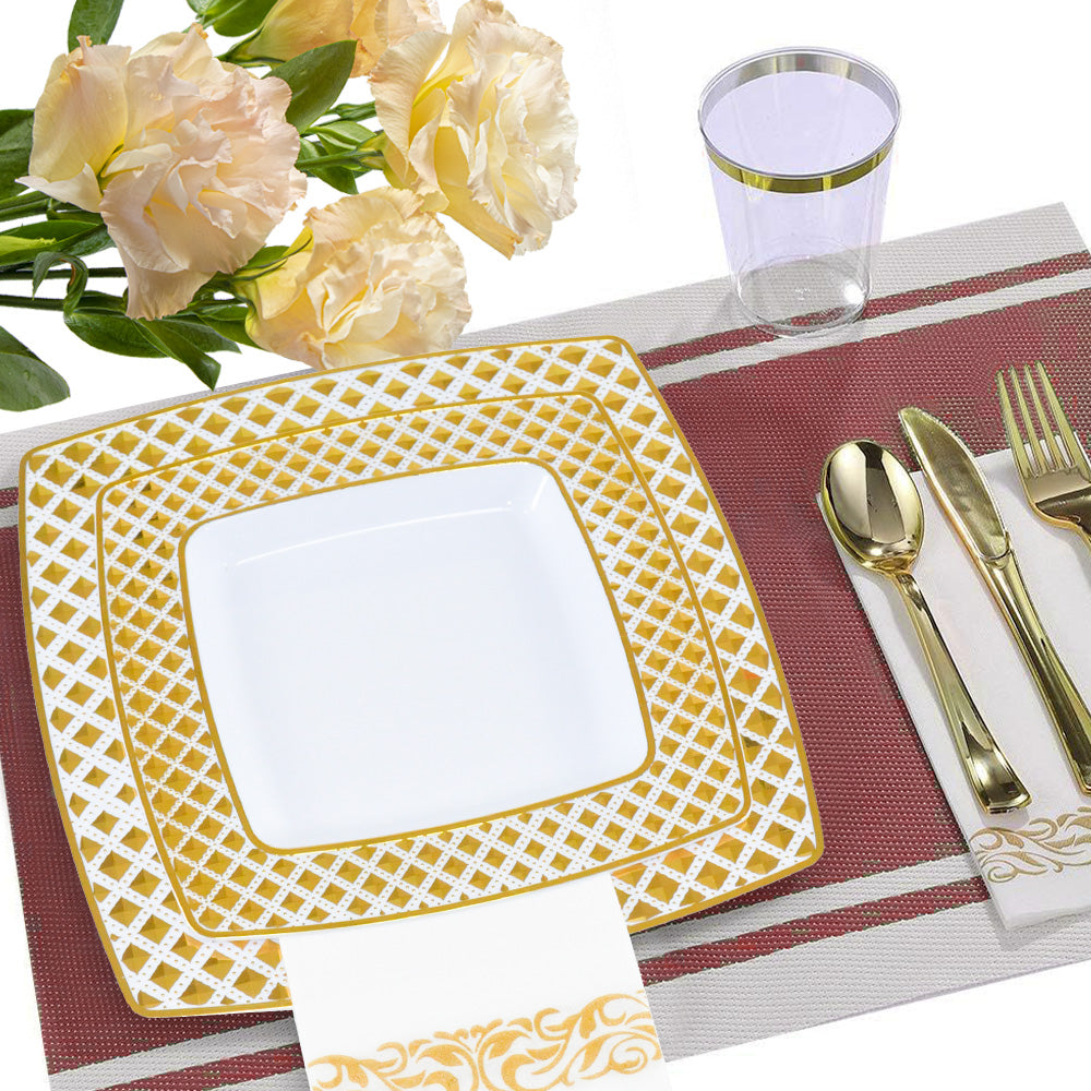 175pcs Food-Grade Wedding Event Banquet Disposable Tableware Dinnerware Gold-Edged Plastic Cutlery Pack of 25 V985-SQUARECUTLERYSET