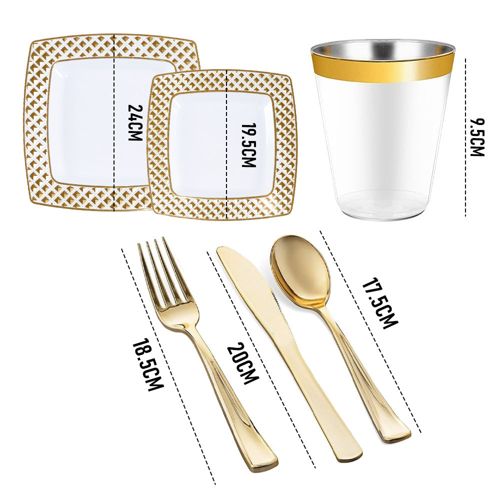 175pcs Food-Grade Wedding Event Banquet Disposable Tableware Dinnerware Gold-Edged Plastic Cutlery Pack of 25 V985-SQUARECUTLERYSET