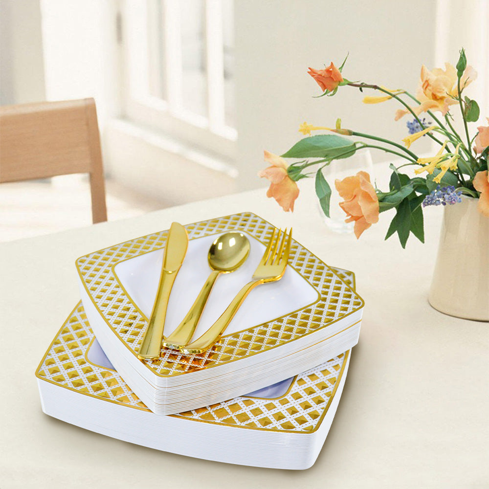 175pcs Food-Grade Wedding Event Banquet Disposable Tableware Dinnerware Gold-Edged Plastic Cutlery Pack of 25 V985-SQUARECUTLERYSET