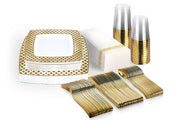 175pcs Food-Grade Wedding Event Banquet Disposable Tableware Dinnerware Gold-Edged Plastic Cutlery Pack of 25 V985-SQUARECUTLERYSET