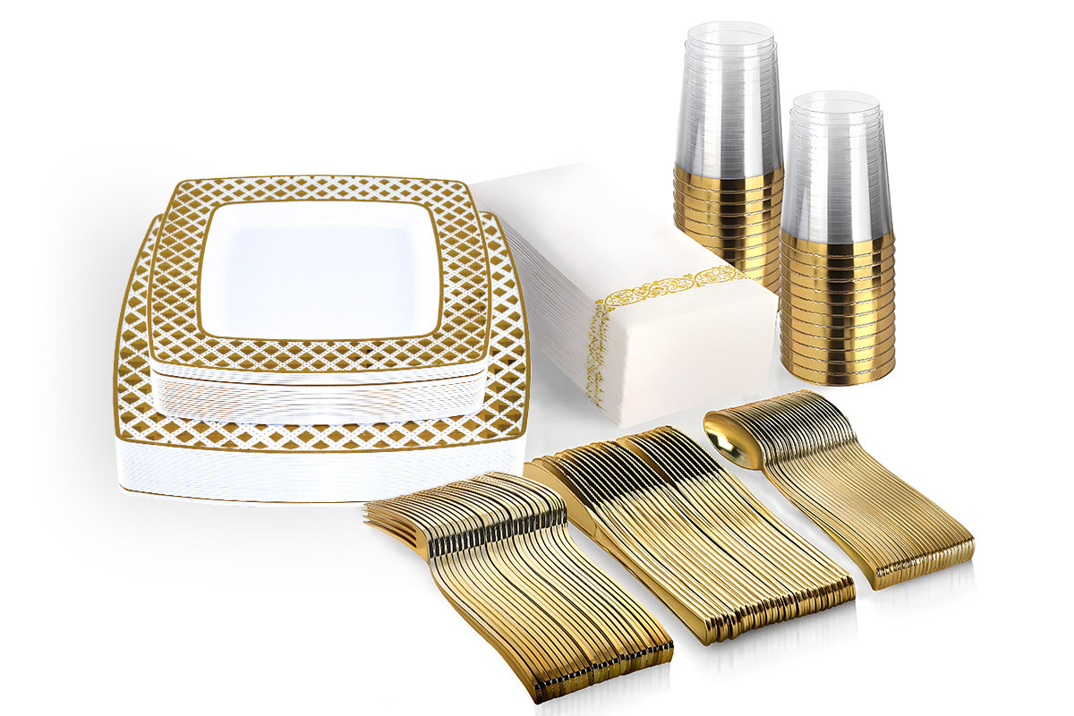 175pcs Food-Grade Wedding Event Banquet Disposable Tableware Dinnerware Gold-Edged Plastic Cutlery Pack of 25 V985-SQUARECUTLERYSET