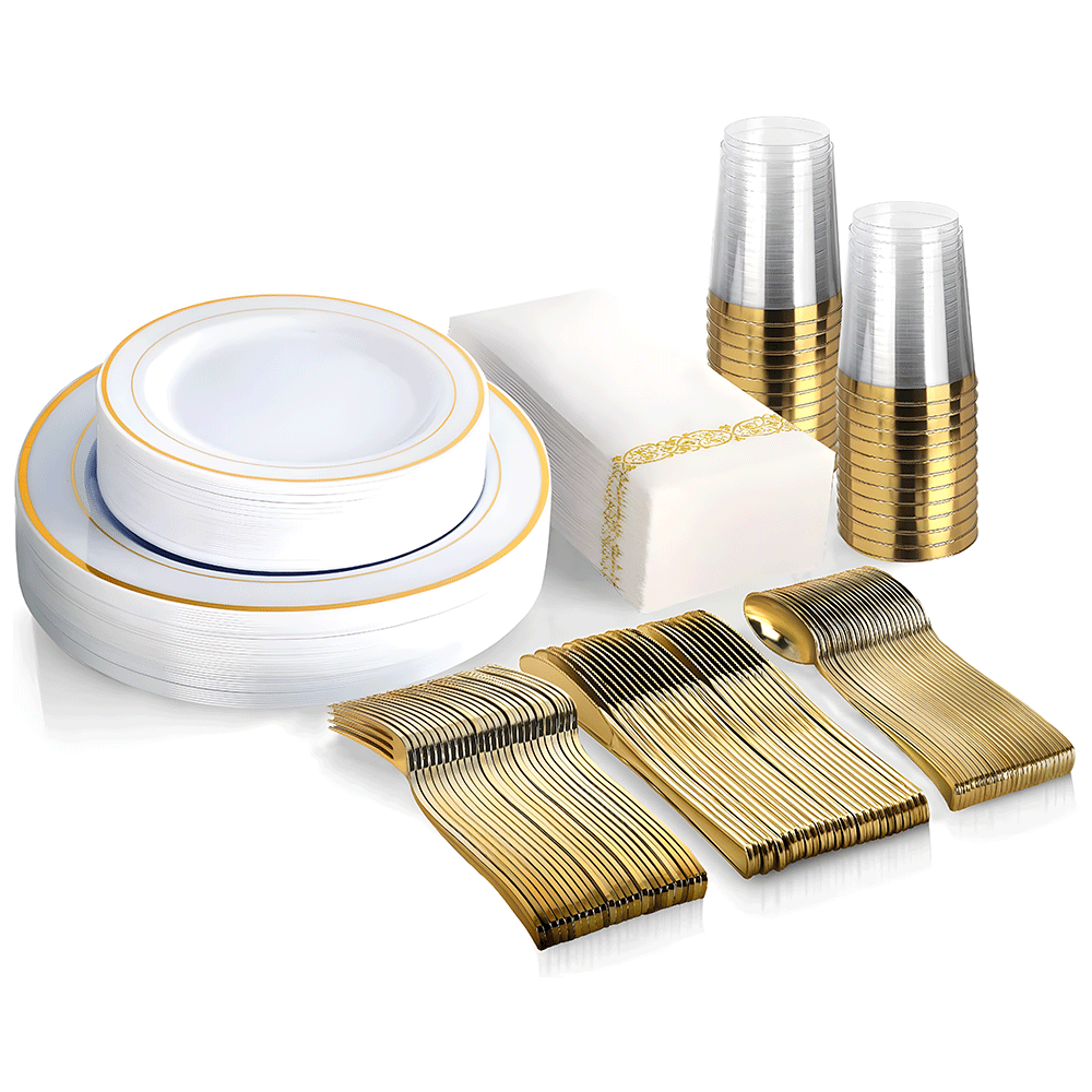 175pcs Food-Grade Wedding Event Banquet Disposable Tableware Dinnerware Gold-Edged Plastic Cutlery Pack of 25 V985-TABLEWARESET