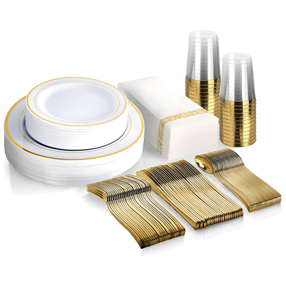 175pcs Food-Grade Wedding Event Banquet Disposable Tableware Dinnerware Gold-Edged Plastic Cutlery Pack of 25 V985-TABLEWARESET