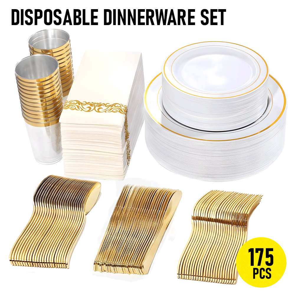 175pcs Food-Grade Wedding Event Banquet Disposable Tableware Dinnerware Gold-Edged Plastic Cutlery Pack of 25 V985-TABLEWARESET