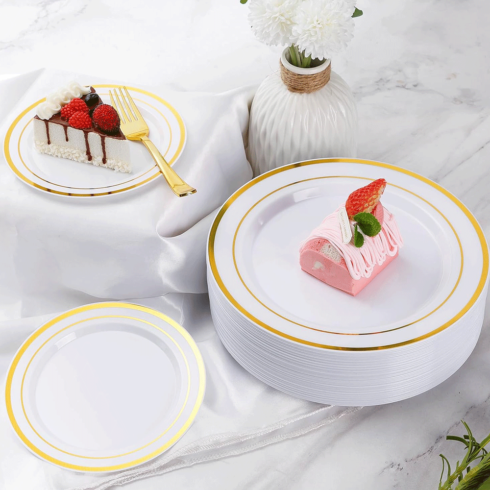 175pcs Food-Grade Wedding Event Banquet Disposable Tableware Dinnerware Gold-Edged Plastic Cutlery Pack of 25 V985-TABLEWARESET