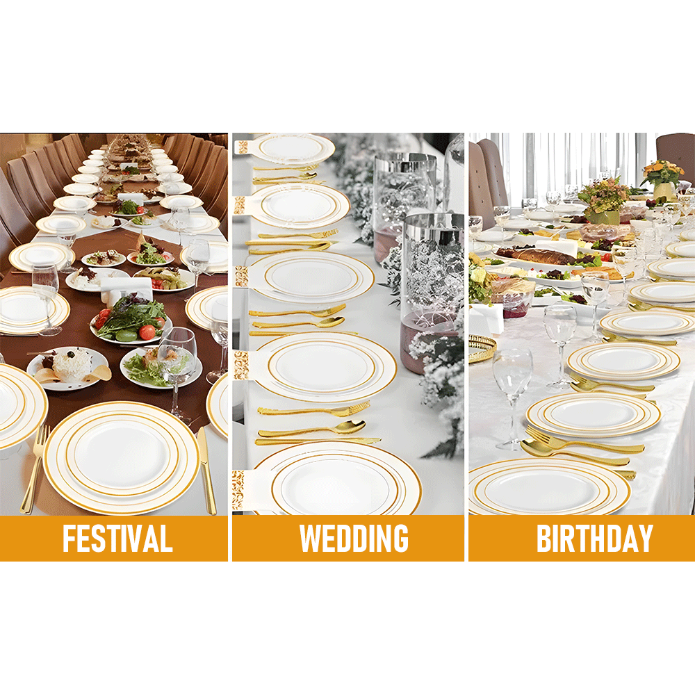 175pcs Food-Grade Wedding Event Banquet Disposable Tableware Dinnerware Gold-Edged Plastic Cutlery Pack of 25 V985-TABLEWARESET