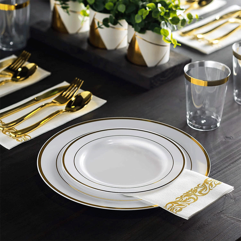 175pcs Food-Grade Wedding Event Banquet Disposable Tableware Dinnerware Gold-Edged Plastic Cutlery Pack of 25 V985-TABLEWARESET