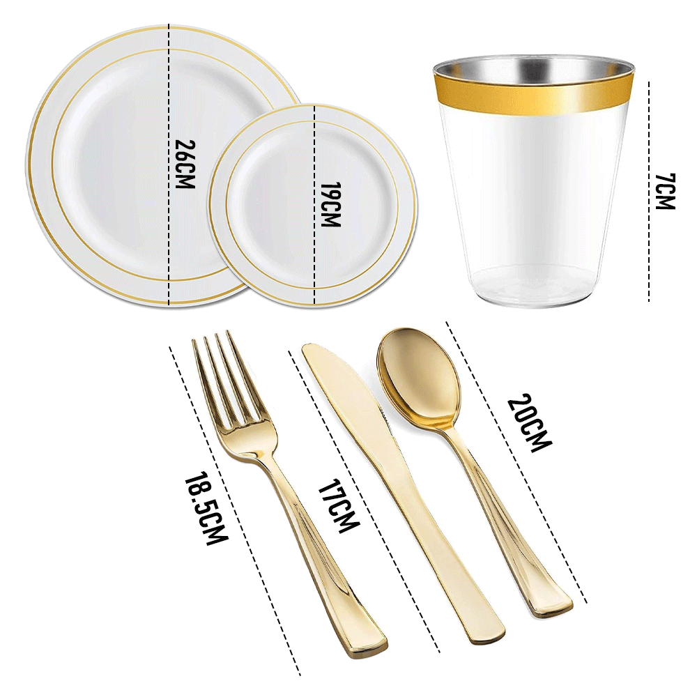 175pcs Food-Grade Wedding Event Banquet Disposable Tableware Dinnerware Gold-Edged Plastic Cutlery Pack of 25 V985-TABLEWARESET