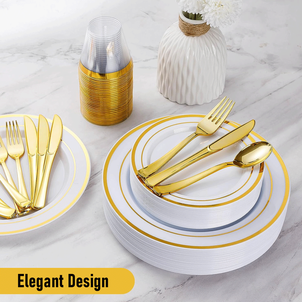 175pcs Food-Grade Wedding Event Banquet Disposable Tableware Dinnerware Gold-Edged Plastic Cutlery Pack of 25 V985-TABLEWARESET